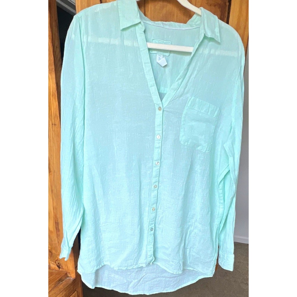 Sigrid Olsen Women's Linen Long Sleeve Button-Up Shirt, Green, Size L